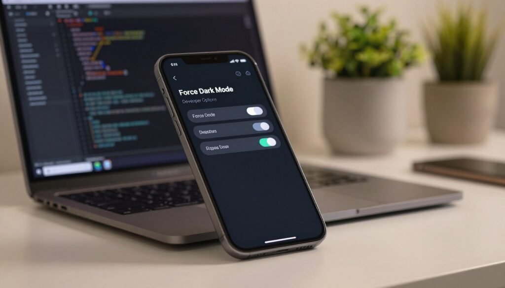 A modern smartphone displaying the "Force Dark Mode" option within the Developer Options menu, set against a sleek, minimalistic workspace. In the foreground, showcase the screen with clear visibility of the dark-themed interface, featuring toggle switches and icons in a clean layout. The middle ground includes a soft-focus view of a laptop with coding software open, emphasizing a tech-savvy environment. In the background, a softly blurred desk with a potted plant adds a touch of greenery. Warm, ambient lighting creates a cozy atmosphere, while a slight tilt in the perspective enhances the visual interest. The image should evoke a sense of professionalism and innovation in the realm of mobile technology.
