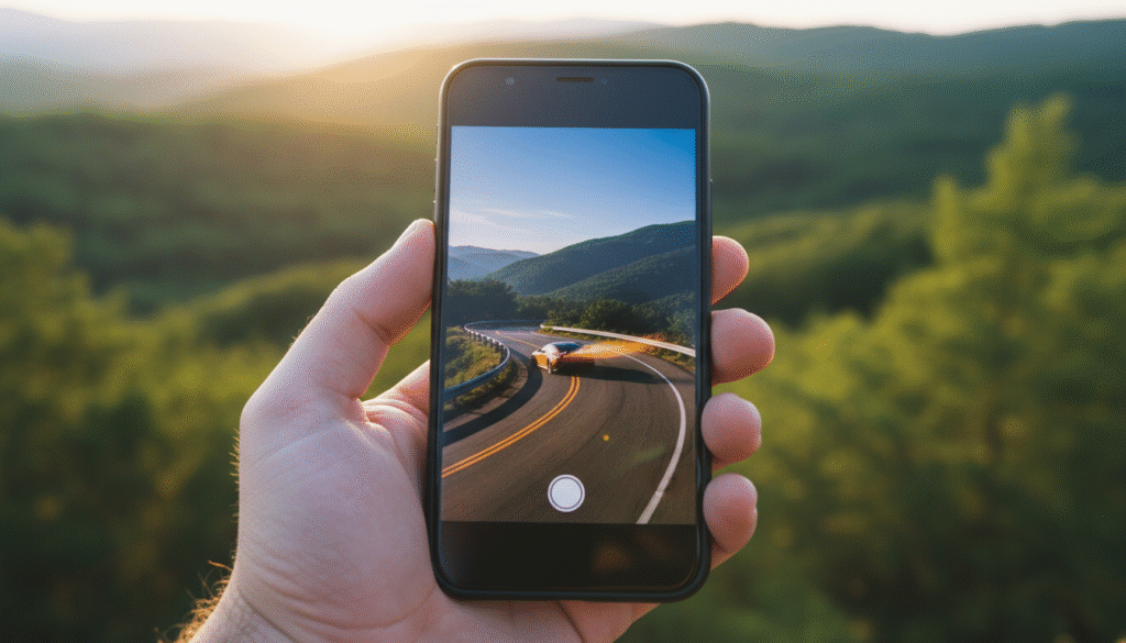 A modern smartphone held in a steady hand, capturing stunning video footage with a crisp quality and remarkable stabilization. The foreground features a close-up of the smartphone screen displaying vibrant visuals, such as a scenic landscape or dynamic action scene. In the middle, there's a subtle blur effect indicating motion, showcasing the advanced stabilization technology at work. The background features a blend of natural elements, like trees and hills, bathed in warm, golden hour lighting to create a serene atmosphere. The angle is slightly tilted, adding a dynamic feel. The overall mood is professional and polished, reflecting high-quality video production. The image is free from any text or branding, focusing solely on the technology and its capabilities.