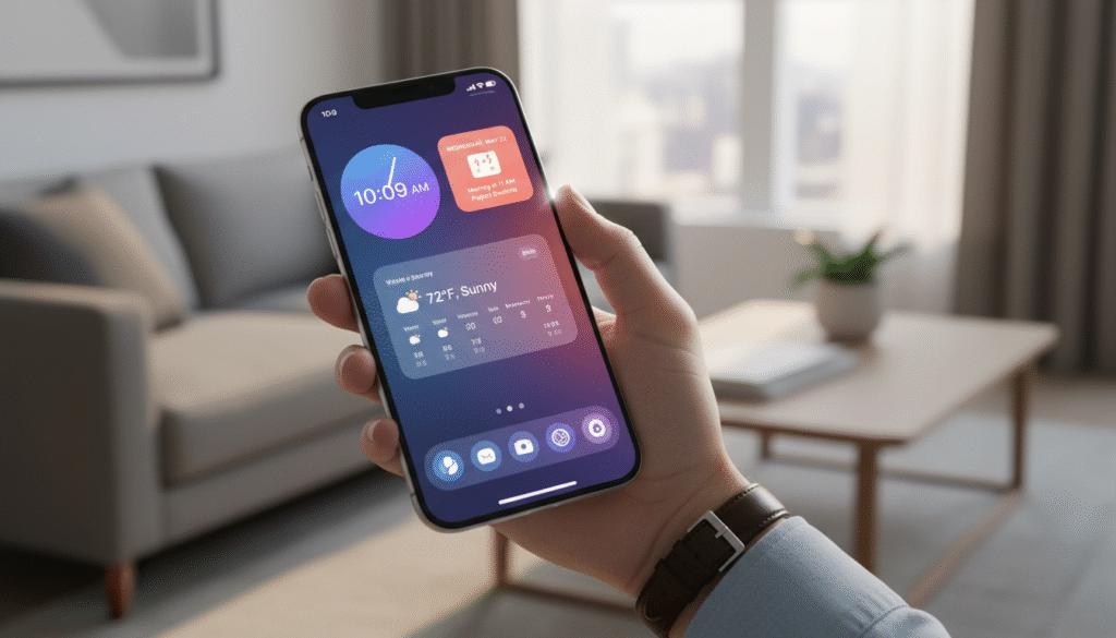 A modern smartphone home screen vividly displaying luxurious Android widgets designed to resemble an iPhone 16 interface. In the foreground, showcase a variety of sleek widgets featuring clock, weather, and calendar with smooth, colorful designs. The middle ground includes a hand gently interacting with the phone, highlighting touch functionality while dressed in professional casual attire. In the background, a softly blurred home interior suggests a contemporary living space with warm, ambient lighting. The overall mood is tech-savvy and sophisticated, emphasizing a seamless blend of Android and iPhone aesthetics. Use soft focus for depth, and ensure the lighting is natural and inviting, with a slightly elevated viewing angle to capture the elegance of the display.
