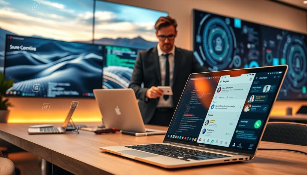 A modern software workspace showcasing the characteristics of innovative technology. In the foreground, a sleek laptop displays an interface of a secure messaging app with an emphasis on end-to-end encryption features. Around the laptop, various technical elements like code snippets, graphs, and app icons illustrate software functionality. The middle ground features a stylish, multitasking professional in business attire, deeply engaged in a discussion, emphasizing collaboration and security. In the background, large screens display abstract digital landscapes and cryptographic patterns, creating a high-tech atmosphere. Soft, focused lighting highlights the workspace, with a warm glow that evokes enthusiasm and creativity. The overall mood is dynamic, professional, and innovative, perfectly encapsulating the essence of modern software development.
