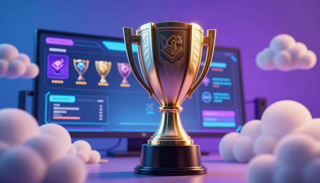 A modern trophy design featuring a sleek, futuristic aesthetic, positioned prominently in the foreground. The trophy has intricate engravings symbolizing gaming achievements, with a glossy finish that reflects light dramatically. Surrounding the trophy are stylized cloud motifs representing cloud saving, softly blending into the background. In the middle ground, a vibrant digital interface displays game icons and trophy levels, suggesting advanced technology. The background is softly illuminated with a gradient of blues and purples, creating a dynamic and immersive atmosphere. The lighting is warm, casting gentle shadows that enhance the 3D effect of the trophy. The overall mood is one of excitement and innovation in gaming technology.