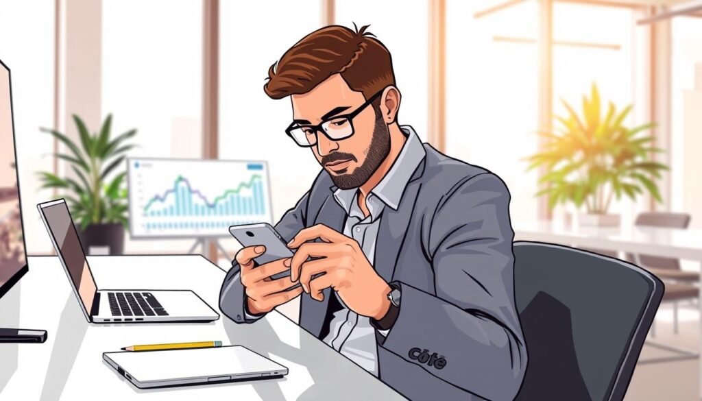 A modern workspace depicting a professional individual using an Android banking application on their smartphone. In the foreground, the person, dressed in smart casual attire, focuses intently on their device, surrounded by neatly organized office supplies and a laptop. The middle ground features a sleek desk with a blurred view of financial charts displayed on the laptop screen. In the background, a stylish office environment with large windows allows natural light to stream in, creating a warm and inviting atmosphere. The overall mood is one of focus and professionalism, emphasizing the functionality of mobile banking within a secure work profile context. The image should capture a clear sense of modern technology and a dedicated workspace.