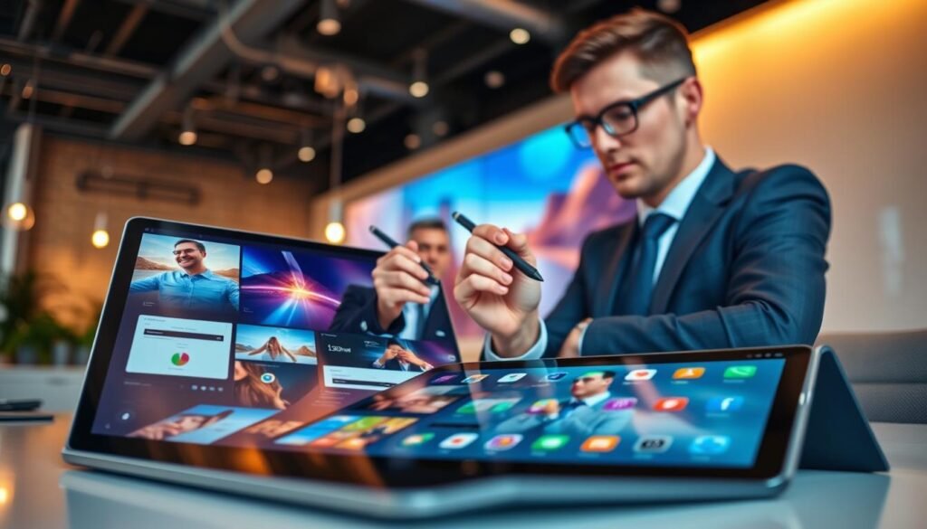 A modern workspace featuring a large multitasking device, like a high-resolution tablet or versatile laptop, prominently displayed in the foreground. The device showcases multiple open applications, with vibrant graphics and dynamic interfaces illustrating enhanced multitasking capabilities. In the middle, a professional individual dressed in smart business attire is actively engaged with the device, using a stylus for precise tasks and viewing split-screen applications. The background hints at a dynamic office setting with soft, diffused lighting that creates a warm and inviting atmosphere. The scene captures the essence of productivity and innovation, emphasizing user experience on larger devices that support multitasking. The angle is slightly elevated, providing a comprehensive view of the workspace, while maintaining focus on the multitasking device and user interaction.