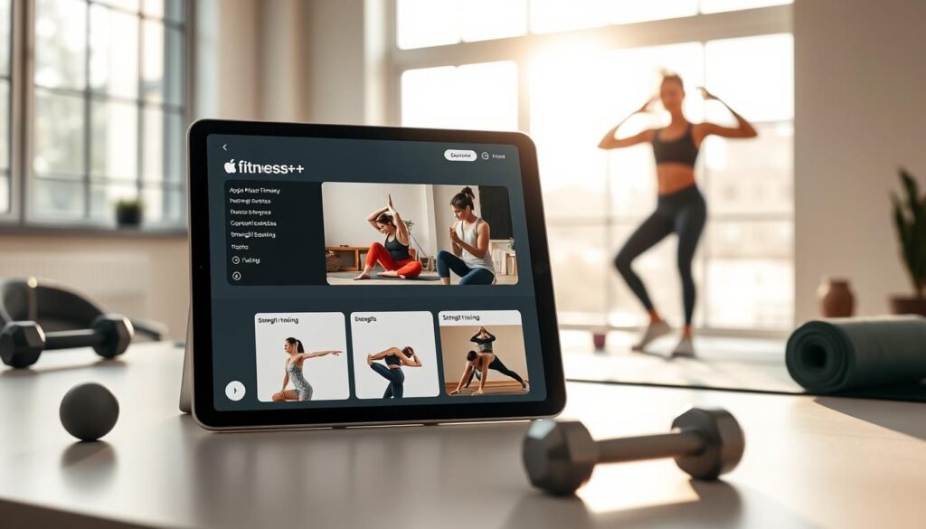 A modern workspace featuring a sophisticated Apple Fitness+ interface displayed on a sleek, high-resolution iPad. In the foreground, a fit individual in professional athletic gear is engaging in a workout session, showcasing various exercise options from Fitness+, such as yoga and strength training. In the middle, the iPad is shown on a minimalist desk, surrounded by fitness-related accessories like dumbbells and a yoga mat. The background features a bright, sunlit room with large windows, accentuating a fresh and motivational atmosphere. The lighting is warm and inviting, adding a sense of energy. The image captures the essence of combining fitness with technology in a stylish and professional manner, perfect for showcasing Apple’s latest subscription services.