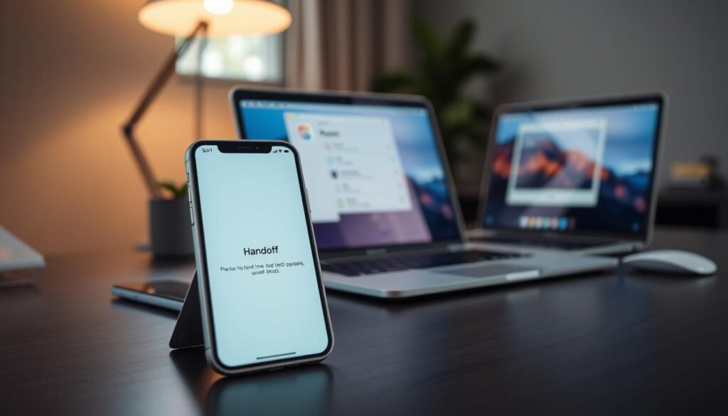A modern workspace featuring an Apple iPhone and a MacBook, displaying the Handoff setting on the devices. The iPhone is positioned prominently in the foreground, showcasing its screen with the Handoff feature enabled. The MacBook, slightly angled, sits in the middle ground with its own screen showing related settings. The background features a stylish desk with minimalistic design and soft natural lighting from a nearby window, creating an inviting, tech-savvy atmosphere. The image is framed with a slight tilt from above, focusing on the devices while maintaining a blurred effect on the background to emphasize the devices. The overall mood is sleek and professional, appealing to tech enthusiasts.