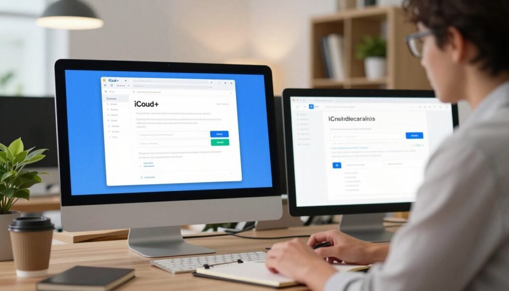 A modern workspace showing a computer setup displaying the iCloud+ interface, prominently featuring the email domain configuration page. In the foreground, a focused individual in business casual attire is attentively configuring their email settings, with a notepad and coffee mug nearby. The middle layer includes a sleek monitor with clear visuals of the iCloud+ dashboard and custom domain options, while the background features soft, ambient lighting and stylish office decor, such as plants and bookshelves. The overall atmosphere is productive and tech-savvy, conveying a sense of accomplishment and focus on digital communication setup. The image should be bright, well-lit, and inviting, emphasizing the ease of customizing an email domain through iCloud+.