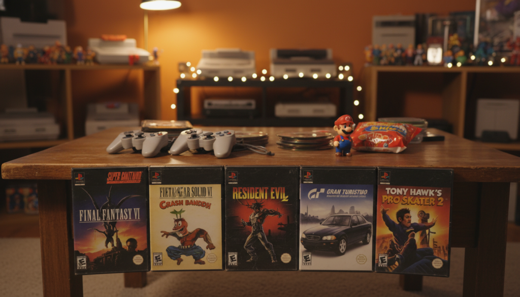 A nostalgic composition featuring six classic PS1 game cases displayed prominently in the foreground, each case exhibiting unique, vibrant cover art that highlights iconic titles from the era. The middle ground showcases a vintage-style wooden table, adorned with game controllers and memorabilia from the 90s, evoking feelings of nostalgia. The background is softly blurred, depicting a cozy gaming room with dim lighting, warm wall colors, and shelves filled with retro gaming consoles and collectibles. The lighting is warm and inviting, casting a gentle glow on the game cases, emphasizing their vivid colors and details. The atmosphere is one of warmth and cherished memories, inviting viewers to reminisce about classic gaming experiences.