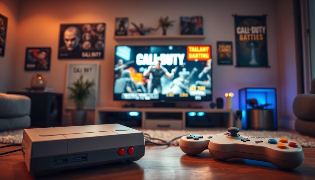 A nostalgic scene depicting a classic gaming console in a modern living room, symbolizing backward compatibility in gaming. In the foreground, the console is styled with retro design features, such as chunky buttons and a vintage display. Controllers are spread out nearby, featuring iconic designs from older gaming generations. In the middle ground, a large flat-screen TV shows a vibrant gameplay screen from an old "Call of Duty" title, with action-packed graphics. The background features subtle hints of modern décor, like gaming posters and LED lights, blending the old and new. Soft, warm lighting creates an inviting atmosphere, and the shot is framed at a slight angle to emphasize the gaming setup. The mood is one of nostalgia and excitement, celebrating the connection between past and present gaming experiences. A nostalgic scene depicting a classic gaming console in a modern living room, symbolizing backward compatibility in gaming. In the foreground, the console is styled with retro design features, such as chunky buttons and a vintage display. Controllers are spread out nearby, featuring iconic designs from older gaming generations. In the middle ground, a large flat-screen TV shows a vibrant gameplay screen from an old "Call of Duty" title, with action-packed graphics. The background features subtle hints of modern décor, like gaming posters and LED lights, blending the old and new. Soft, warm lighting creates an inviting atmosphere, and the shot is framed at a slight angle to emphasize the gaming setup. The mood is one of nostalgia and excitement, celebrating the connection between past and present gaming experiences.