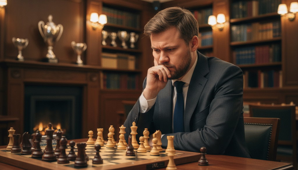 A portrait of Magnus Carlsen, the World Chess Champion, captured in a contemplative moment while playing chess. In the foreground, Magnus is seated at an elegant wooden chessboard, his expression focused and thoughtful, dressed in a sharp, professional suit. The middle ground features the chess pieces intricately arranged, with a few pieces in mid-play. The background is a cozy, modern chess club atmosphere with soft ambient lighting, highlighting bookshelves filled with chess literature and trophies, creating a sense of accomplishment and intellect. The warm light casts gentle shadows, adding depth to the scene, evoking a mood of concentration and dedication to the game of chess. The image should be crisp and clear, using a shallow depth of field to emphasize Magnus and the chessboard. A portrait of Magnus Carlsen, the World Chess Champion, captured in a contemplative moment while playing chess. In the foreground, Magnus is seated at an elegant wooden chessboard, his expression focused and thoughtful, dressed in a sharp, professional suit. The middle ground features the chess pieces intricately arranged, with a few pieces in mid-play. The background is a cozy, modern chess club atmosphere with soft ambient lighting, highlighting bookshelves filled with chess literature and trophies, creating a sense of accomplishment and intellect. The warm light casts gentle shadows, adding depth to the scene, evoking a mood of concentration and dedication to the game of chess. The image should be crisp and clear, using a shallow depth of field to emphasize Magnus and the chessboard.