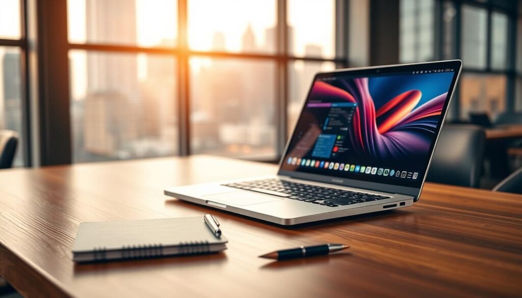 A premium laptop with dual screens, showcasing an elegant and innovative design, is positioned on a sleek wooden desk in a modern office environment. The laptop's exterior is a polished aluminum finish, reflecting ambient light, while the dual screens display vibrant productivity applications. In the foreground, a stylish, minimalistic notebook and a high-end pen are placed next to the laptop. In the middle, the laptop stands open, highlighting its thin profile and modern keyboard. The background features a softly blurred city skyline visible through large windows, illuminated by warm, natural light. The mood is professional and sophisticated, radiating a sense of cutting-edge technology and durability. Capture this scene from a slightly elevated angle, using soft focus for the background to emphasize the laptop’s design.