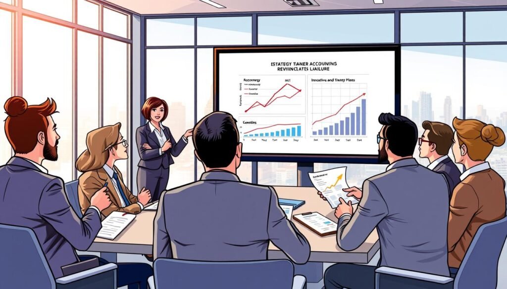 A professional business meeting set in a modern conference room, featuring diverse individuals in business attire discussing strategies. In the foreground, a focused woman is presenting a digital strategy chart on a large screen, showcasing recovery trends and innovative plans post-failure. In the middle ground, engaged team members are taking notes and brainstorming ideas, some pointing at charts and graphs that depict financial recovery and growth. The background includes large glass windows with a city skyline view, symbolizing new opportunities. The lighting is bright and professional, with a soft focus on the distant skyline, creating an atmosphere of determination and hope for a revitalized business strategy.