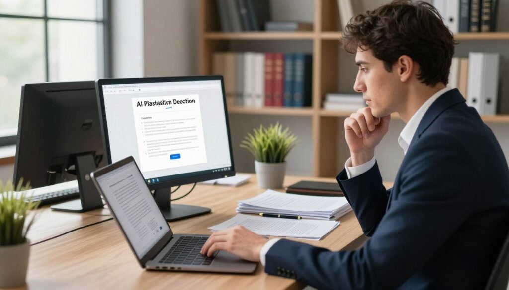 A professional modern office interior featuring a sleek desktop with an AI plagiarism detection tool displayed on the screen. In the foreground, a focused individual, dressed in smart business attire, is analyzing text on a laptop, with a thoughtful expression. In the middle ground, there's a stack of academic papers and a pen, emphasizing research work. The background includes bookshelves filled with textbooks and a potted plant to convey a scholarly atmosphere. Soft, natural lighting comes from a window, casting gentle shadows and creating a warm, inviting environment. The overall mood is one of determination and intellect, highlighting the utilization of technology in academic honesty.