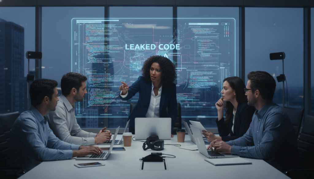 A professional office setting where a diverse group of tech developers is gathered around a conference table, analyzing leaked code on a large screen displaying complex programming languages and digital graphics. The foreground features a passionate female developer in professional attire, pointing at the screen with an expression of concern and determination. The middle ground includes male and female colleagues, engaged in a discussion with laptops open, displaying snippets of code and diagrams. The background shows modern office elements like glass walls and tech gadgets, illuminated by soft, diffused lighting. The atmosphere is tense yet focused, reflecting urgency and the seriousness of investigating a data breach. The angle is slightly elevated, capturing the essence of collaboration in a tech environment.