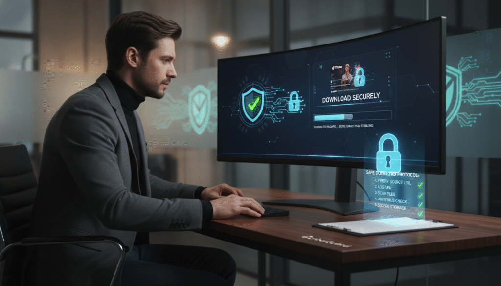 A professional, sleek workspace featuring a computer displaying a video downloading interface on the screen, representing the concept of "website security" in the context of downloading TikTok videos. In the foreground, a person in smart-casual clothing attentively studies the screen, ensuring safe practices; their focus showing a sense of responsibility. The middle ground includes a desk adorned with security-related elements, like a lock symbol and a checklist emphasizing safe download practices. In the background, soft office lighting creates a serene atmosphere, with subtle hints of cybersecurity visuals, like a digital shield or firewall graphics. The image conveys a mood of caution and technological awareness, fostering a sense of safety and professionalism in digital activities. A professional, sleek workspace featuring a computer displaying a video downloading interface on the screen, representing the concept of "website security" in the context of downloading TikTok videos. In the foreground, a person in smart-casual clothing attentively studies the screen, ensuring safe practices; their focus showing a sense of responsibility. The middle ground includes a desk adorned with security-related elements, like a lock symbol and a checklist emphasizing safe download practices. In the background, soft office lighting creates a serene atmosphere, with subtle hints of cybersecurity visuals, like a digital shield or firewall graphics. The image conveys a mood of caution and technological awareness, fostering a sense of safety and professionalism in digital activities.