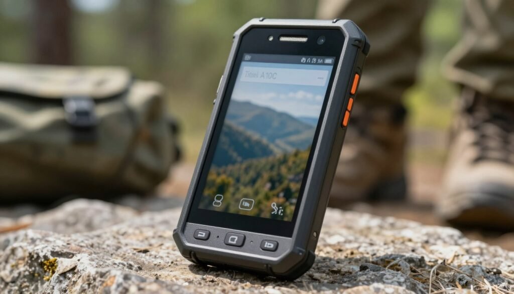 A rugged itel A100C smartphone featuring military-grade durability, prominently displayed in the foreground, showcasing its sturdy design and reinforced edges. The device is angled slightly to highlight its screen and physical buttons. In the background, a blurred outdoor environment hints at adventure, with elements like rocky terrain or a forest, emphasizing the phone’s resilience. The lighting is bright and natural, creating a feeling of outdoor exploration. A shallow depth of field focuses on the phone, while the background fades softly. The overall mood is adventurous and robust, reflecting the smartphone's purpose in extreme conditions, with attention to detail in texture and color.