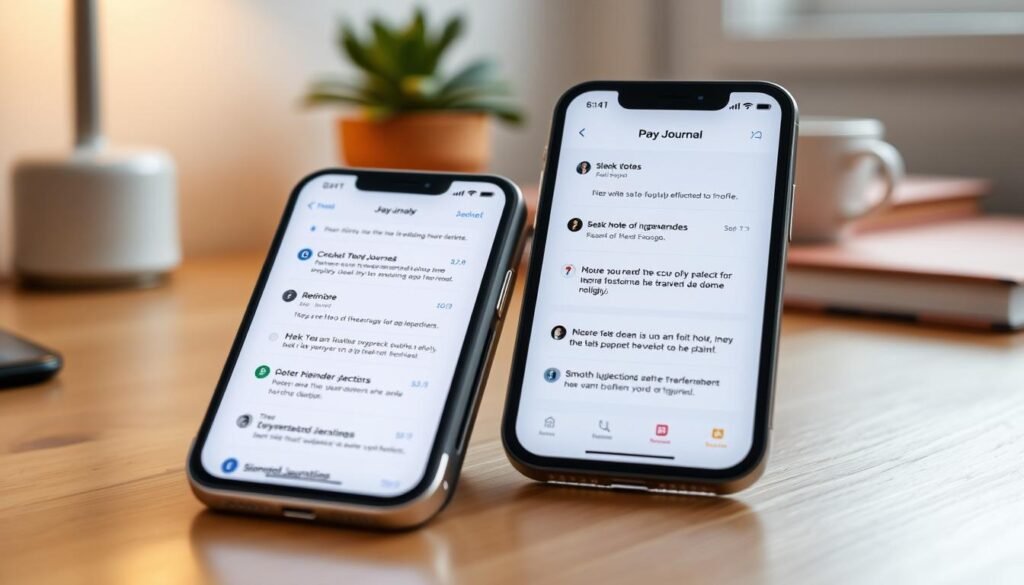 A serene and vibrant Apple iOS interface showcasing the innovative features of a journaling app enhanced by AI suggestions. In the foreground, a sleek iPhone lies on a modern wooden desk, displaying an open digital journal with various sleek notes, reminders, and AI-generated suggestions, all designed with a minimalist aesthetic. The middle ground features soft, diffused lighting illuminating the screen, highlighting the user-friendly icons and smooth animations, inviting user interaction. In the background, blurred elements suggest a cozy workspace with light greenery and soft pastel colors, creating an atmosphere of calmness and creativity. The composition should evoke feelings of intuitiveness, ease, and enjoyment, embracing the sleek design ethos of Apple.