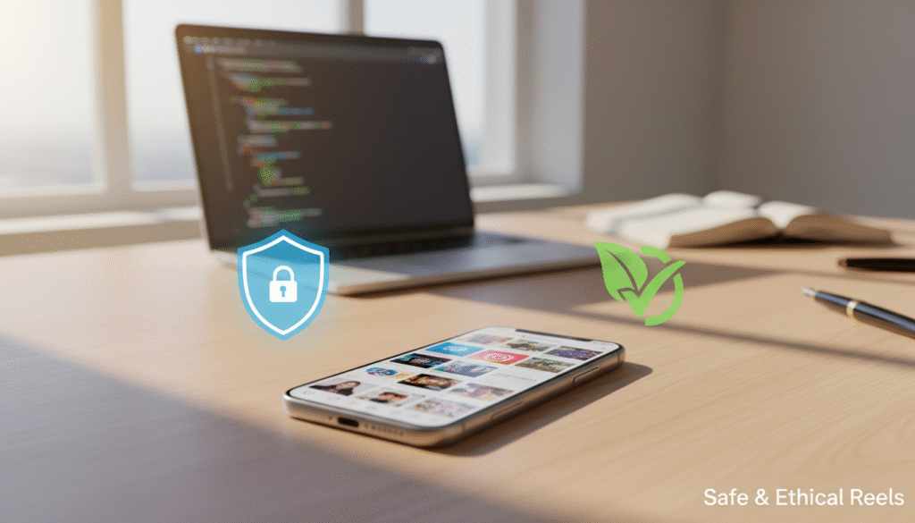 A serene digital workspace featuring a modern smartphone displaying Instagram Reels on its screen, surrounded by elements symbolizing security and ethics in content sharing. In the foreground, the phone is pristine, its screen bright and vibrant, showcasing colorful video thumbnails. The middle layer includes a subtle, blurred backdrop of a professional setting, such as a sleek desk with a laptop and notes, conveying a sense of productivity. Soft, natural lighting floods the scene, creating a warm atmosphere. Incorporate visual metaphors for security, like a digital lock or shield, subtly placed near the phone. The overall mood is informative and professional, illustrating the importance of safety and quality in downloading Instagram Reels for personal use.