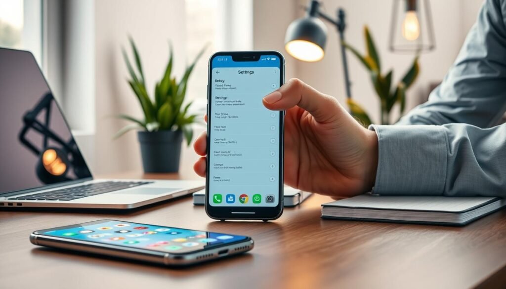 A serene workspace featuring a modern smartphone displaying a battery optimization settings page with vibrant icons. In the foreground, the phone sits on a stylish, minimalistic desk alongside a laptop and a notepad, emphasizing technology and productivity. The middle layer includes a hand adjusting the phone's settings, clad in a professional business shirt, symbolizing focus and intent. The background showcases a softly lit room with green plants and an industrial-style lamp, creating a calm, inviting atmosphere ideal for concentration. The lighting is warm and balanced, with a slight focus on the smartphone screen to highlight the battery settings. The overall mood is one of efficiency and modern design, capturing the essence of optimizing battery life in a tech-savvy environment.