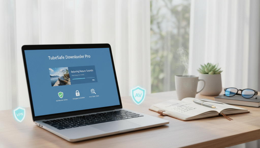 A serene workspace setup showcasing the process of safely downloading YouTube videos without ads and viruses. In the foreground, a modern laptop displays a clear interface of a video downloading application, surrounded by thoughtful security tools like a VPN logo and antivirus symbols. The middle ground features a neatly organized desk with a notepad that has written tips for secure downloading practices. The background includes soft natural lighting from a window, filtering through sheer curtains, creating a calm atmosphere. This scene conveys a sense of professionalism and trust, encouraging viewers to prioritize safety and security while engaging with online content. Capture the essence of user-friendly technology and security awareness in a harmonious, inviting space.