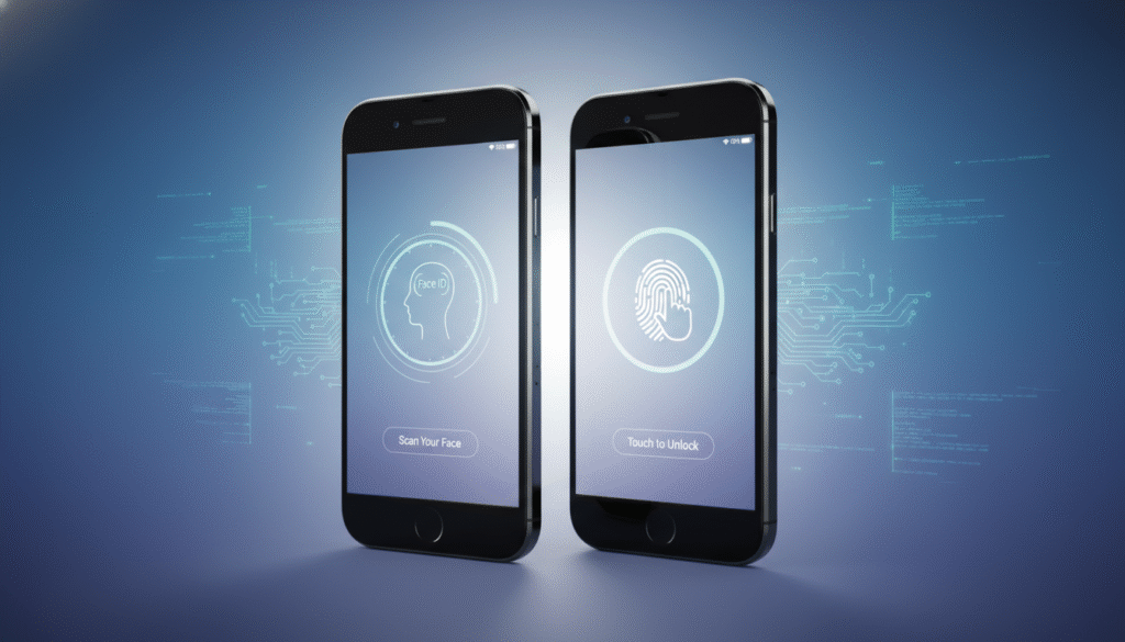 A side-by-side comparison image featuring a modern smartphone showcasing both Face ID and Touch ID technology. In the foreground, display a sleek iPhone with a clear screen, half displaying the Face ID interface with a facial recognition icon and the other half showcasing the Touch ID sensor with a fingerprint icon. In the middle ground, use a visually appealing gradient background with soft light focusing on the smartphone, giving it a futuristic feel. The mood should be analytical and tech-savvy, evoking curiosity about security technologies. For added detail, include subtle digital elements, like circuits or holograms, around the phone to enhance the atmosphere of advanced technology. Ensure all depicted elements are professional and appropriate for a business context.