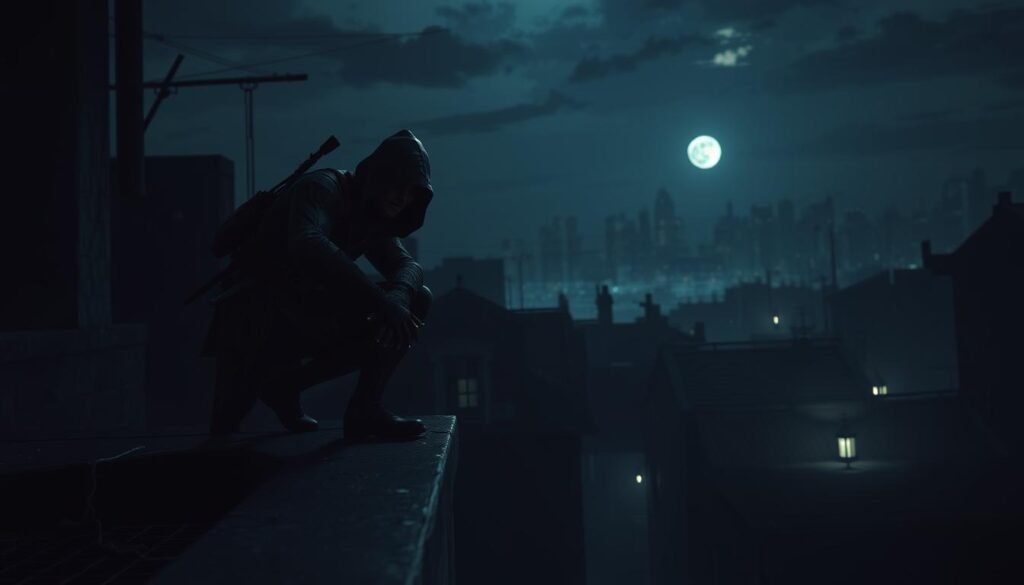 A skilled stealth assassin from the Assassin's Creed universe, poised in a shadowy, urban environment. In the foreground, the character is clad in a dark, intricately detailed, modern ninja outfit, blending seamlessly with the surroundings. The assassin is crouched atop a ledge, scanning the area below with keen eyes. In the middle, dimly lit rooftops and narrow alleys create a tense atmosphere, accentuated by a soft glow emanating from distant lanterns. The background features a silhouetted city skyline under a moonlit sky, hinting at a world filled with secrets and danger. Use a low-angle perspective to emphasize the character's stealthy demeanor, with cool, muted colors to enhance the moody ambiance while maintaining clarity in the subject.