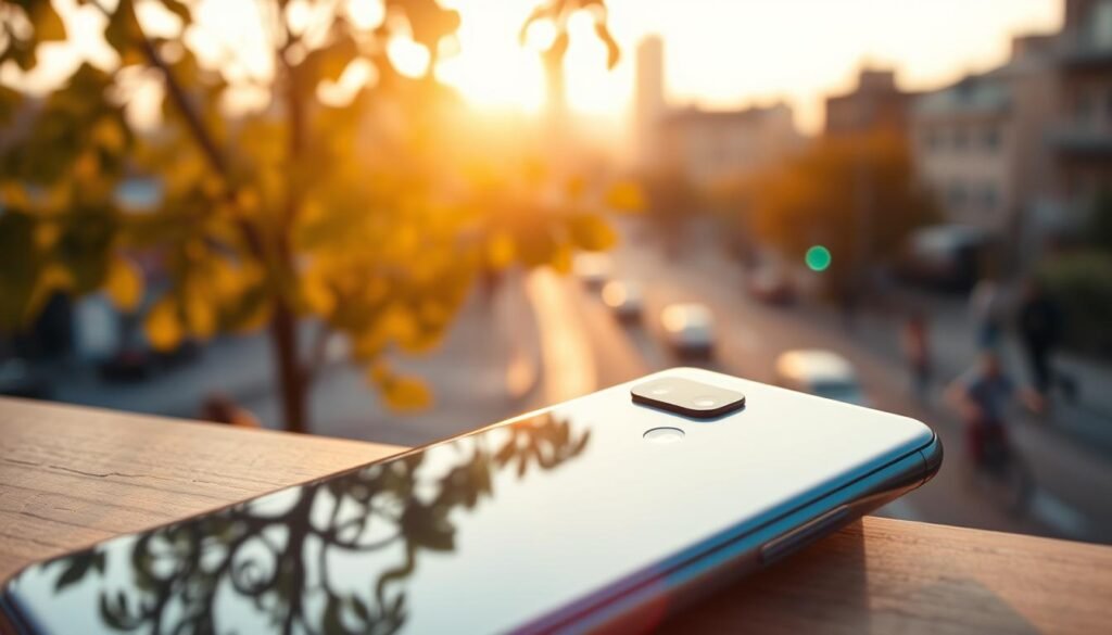 A sleek Google Pixel 8 smartphone placed prominently in the foreground, showcasing its elegant design and camera features. The device is fully illuminated, highlighting its glossy finish and the advanced camera setup. In the middle ground, an artistically blurred urban setting with warm sunlight filtering through leaves, conveying a sense of daily life and activity. The background features a gently lit cityscape, creating depth and context. The overall atmosphere is vibrant and engaging, encapsulating the theme of daily performance and photography. Soft, natural lighting enhances the colors, while a shallow depth of field emphasizes the smartphone's capabilities. The scene should evoke a modern, tech-savvy lifestyle, focusing on the ease and quality of photography with the Google Pixel 8.