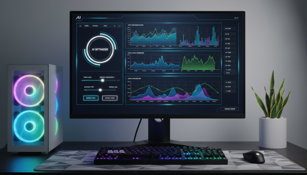 A sleek and modern AI overclock software interface displayed on a high-resolution monitor. In the foreground, the user interface shows vibrant, dynamic graphs and real-time performance metrics in vivid colors like electric blue and neon green, symbolizing advanced technology. In the middle, a futuristic dashboard with intuitive buttons and sliders is visible, illuminated with soft LED lighting. The background features a stylish, well-organized workspace with a subtle glow from RGB lighting, and a potted plant adding a touch of vitality. The atmosphere is sleek and professional, conveying a sense of sophistication and innovation in computing. The angle captures the monitor straight on, showcasing its depth and detail, while the overall lighting is balanced for clarity and focus.