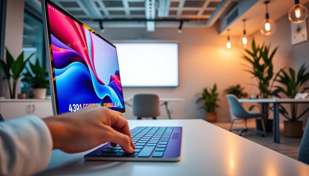 A sleek and modern digital workspace featuring an Apple computer displaying a vibrant interface of the new operating system update. In the foreground, a close-up of a hand interacting with the touchpad, showcasing fluid motions reflecting innovative features like the AI-based journaling app. The middle ground reveals a serene office environment with minimalist decor, soft lighting, and green plants, emphasizing a productive atmosphere. In the background, a wall-mounted screen highlights key updates and innovations without any text, creating a sense of ongoing progress. The overall mood is one of inspiration and forward-thinking, with warm lighting to enhance the innovative feel, captured in a wide-angle shot for an immersive perspective.