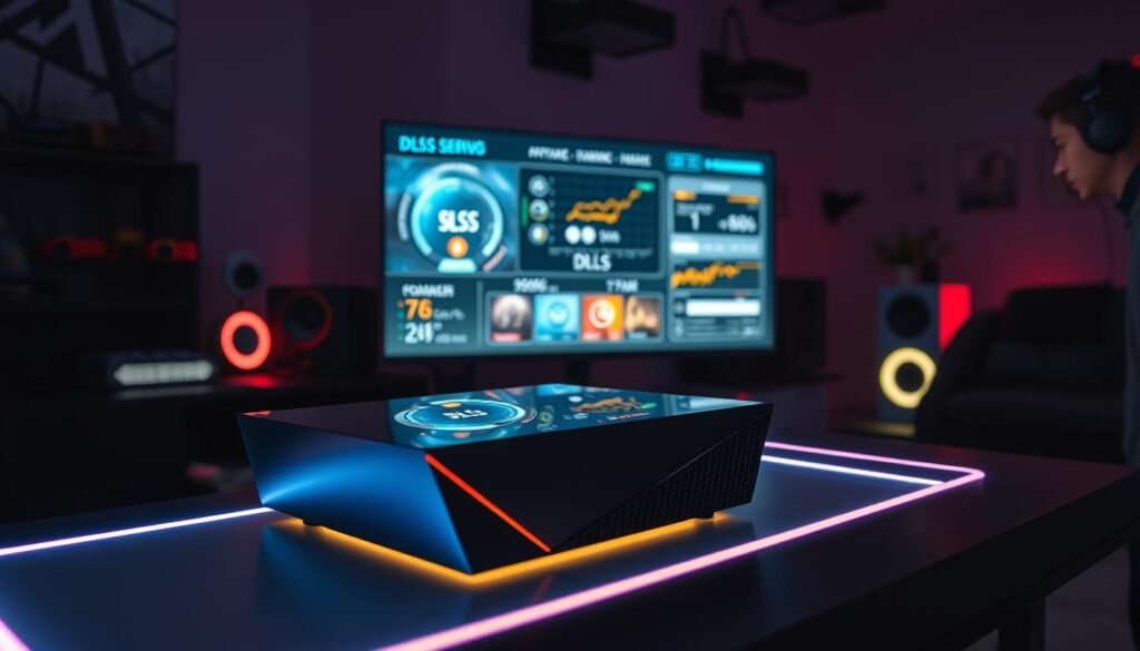 A sleek and modern gaming console sitting on a stylish, high-tech desk with vibrant LED lighting. The console has a glossy finish, showcasing its angular design. In the foreground, a gamer wearing professional business casual attire is focused on a large screen displaying a futuristic interface symbolizing DLSS technology, with dynamic graphics and performance metrics. The background features a cozy gaming room, equipped with advanced gaming accessories and dim ambient lighting to create an immersive atmosphere. The overall mood is one of excitement and innovation, emphasizing the future of gaming technology. The angle is slightly tilted, adding a dynamic feel, while soft shadows enhance the depth of the scene. A sleek and modern gaming console sitting on a stylish, high-tech desk with vibrant LED lighting. The console has a glossy finish, showcasing its angular design. In the foreground, a gamer wearing professional business casual attire is focused on a large screen displaying a futuristic interface symbolizing DLSS technology, with dynamic graphics and performance metrics. The background features a cozy gaming room, equipped with advanced gaming accessories and dim ambient lighting to create an immersive atmosphere. The overall mood is one of excitement and innovation, emphasizing the future of gaming technology. The angle is slightly tilted, adding a dynamic feel, while soft shadows enhance the depth of the scene.