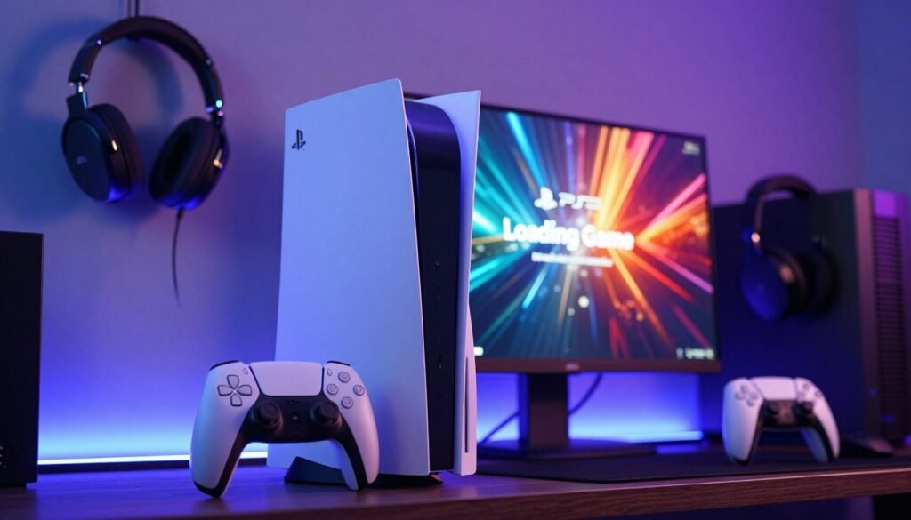 A sleek and modern gaming setup featuring a PlayStation 5 console prominently displayed in the foreground. The PS5 screen shows a vibrant "Loading Game" interface, with visually striking graphics that enhance the gaming experience. In the background, soft blue and purple ambient lighting creates a futuristic atmosphere, while elegant gaming accessories like high-tech headsets and controllers are subtly arranged. The scene is viewed from a low angle to capture the grandeur of the PS5, emphasizing its design. The overall mood is dynamic and energetic, reflecting intense gaming performance. The image has a sharp focus with a slight depth of field effect, blurring the edges to draw attention to the console and interface. No text or logos are present, creating a clean, professional look suitable for an article.