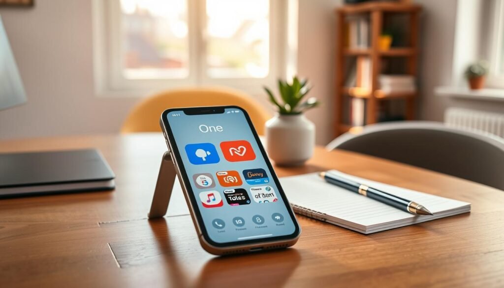 A sleek and modern iPhone displaying the Apple One subscription interface, positioned in the foreground on a stylish wooden desk. The screen shows vibrant app icons for Fitness+ and News+, emphasizing the variety of services available. Surrounding the phone are minimalistic elements like a notepad with a pen, symbolizing productivity and learning. In the middle background, a soft-focus scene of a cozy home office bathed in natural light suggests an inviting atmosphere. A small plant adds a touch of greenery, reinforcing a sense of calm and focus. The mood is professional yet approachable, ideal for beginners exploring subscription options. The lighting is bright and warm, creating an inviting, engaging environment.