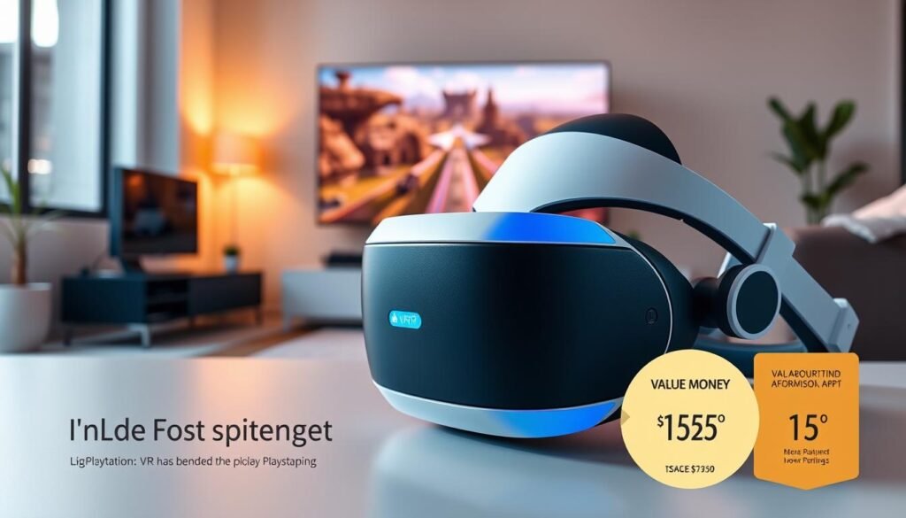 A sleek and modern representation of the PlayStation VR2 headset positioned prominently in the foreground, showcasing its lightweight design and innovative lens technology. The middle ground features an inviting home gaming setup with a modern console and an expansive screen displaying a captivating VR game scene. The background includes a subtle hint of a stylish living room, softly illuminated by ambient lighting, creating a cozy gaming atmosphere. The scene conveys an optimistic and engaging mood, highlighting the value for money aspect with visual elements suggesting affordability, such as price tags or comparison charts in a subtle, integrated manner. The perspective is slightly angled to create depth, with a focus on the VR headset's features under soft, warm lighting that enhances its sleek aesthetics without distractions. A sleek and modern representation of the PlayStation VR2 headset positioned prominently in the foreground, showcasing its lightweight design and innovative lens technology. The middle ground features an inviting home gaming setup with a modern console and an expansive screen displaying a captivating VR game scene. The background includes a subtle hint of a stylish living room, softly illuminated by ambient lighting, creating a cozy gaming atmosphere. The scene conveys an optimistic and engaging mood, highlighting the value for money aspect with visual elements suggesting affordability, such as price tags or comparison charts in a subtle, integrated manner. The perspective is slightly angled to create depth, with a focus on the VR headset's features under soft, warm lighting that enhances its sleek aesthetics without distractions.