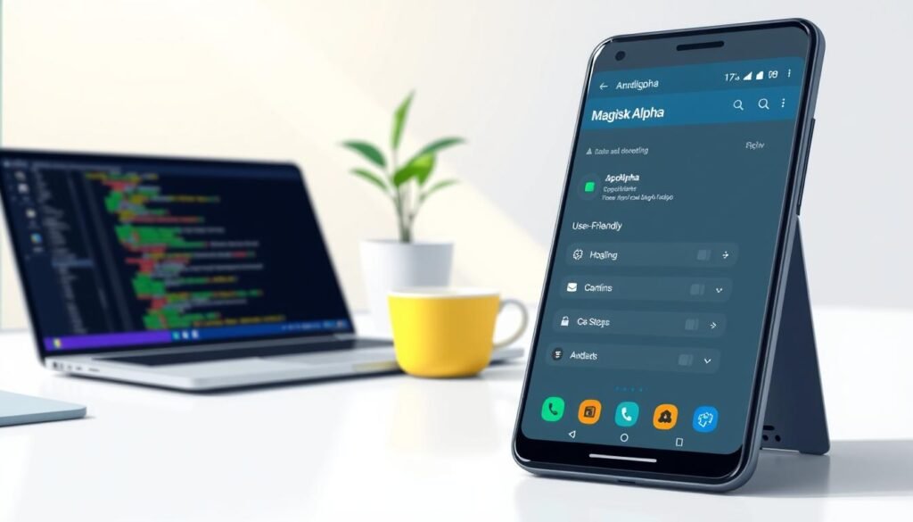 A sleek and modern smartphone displaying a Magisk Alpha configuration interface, set against a clean, tech-oriented workspace. In the foreground, the phone's screen shows a detailed view of the Magisk Alpha application, with vibrant icons and user-friendly navigation. The middle ground features a laptop open with coding software visible, symbolizing advanced tech setup, and a cup of coffee to suggest a casual yet focused work environment. The background is softly blurred, showcasing a minimalist desk with a plant, enhancing a sense of calm productivity. The lighting is bright but soft, illuminating the scene in an inviting way, evoking a professional, innovative atmosphere suitable for discussing banking app workarounds.