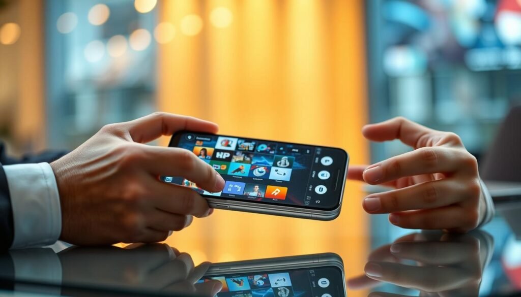 A sleek and modern smartphone lies on a desk, displaying an intuitive user interface that showcases gaming performance and software features. The device is angled slightly to reveal a vibrant touchscreen filled with colorful game icons and minimalist widgets, conveying easy navigation. In the foreground, a pair of hands in professional attire operate the phone, demonstrating engagement with the software. The background features a softly blurred tech ambiance, with warm, ambient lighting that enhances the focus on the phone. Subtle reflections on the screen add depth, and a clear glass surface beneath provides elegance. The overall mood is one of innovation and user-friendly design, ideal for a tech-savvy audience.