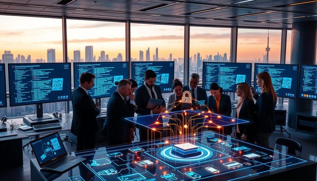 A sleek and modern workspace filled with advanced digital screens displaying software development interfaces and code. In the foreground, a diverse group of professionals in smart business attire collaborates around a high-tech table, examining a holographic representation of the latest software update. In the middle ground, vibrant illustrations of interconnected devices symbolize the new end-to-end encryption features, with glowing lines indicating security and data flow. The background features a futuristic city skyline visible through large windows, bathed in warm, ambient lighting that reflects innovation and growth. The overall mood is dynamic and inspiring, emphasizing the exciting advancements in software technology.