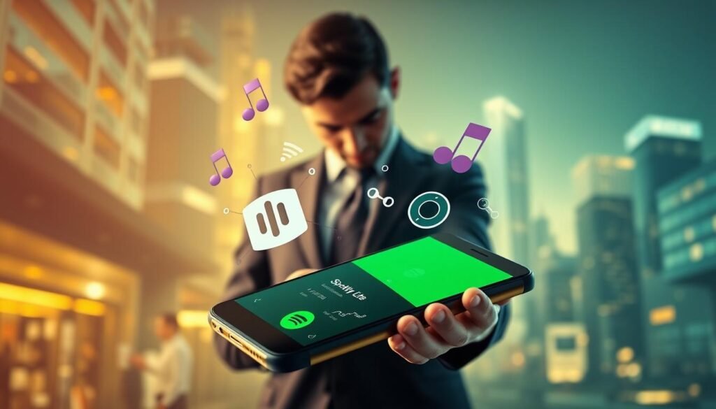 A sleek digital composition showcasing the concept of optimizing Spotify Lite for maximum data savings. In the foreground, a stylish smartphone displaying the Spotify Lite interface, with a vibrant green and black color scheme. The middle layer features a user in professional business attire, focusing intently on the screen, surrounded by floating icons symbolizing data usage, music notes, and optimization tools. The background is an abstract representation of a digital cityscape, with soft, glowing lights and a high-tech feel, suggesting connectivity and modernity. The lighting is warm and inviting, emphasizing a sense of innovation and efficiency. The overall mood conveys empowerment, highlighting the user’s ability to maximize their Spotify Lite experience without compromising connectivity.