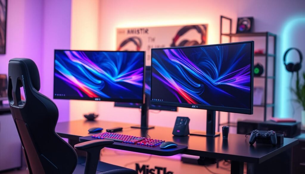 A sleek gaming monitor setup showcasing two dual 4K 144Hz monitors, perfectly aligned with minimal bezels for an immersive gaming experience. In the foreground, a modern gaming chair in ergonomic design, with adjustable features, suggests comfort and functionality. The middle has a stylish gaming desk, featuring RGB lighting that creates a vibrant atmosphere, with a high-end keyboard and mouse positioned for optimal accessibility. The background includes a well-lit room with subtle ambient lighting that enhances the tech aesthetic, while a soft-focus view of gaming paraphernalia, like headsets and controllers, adds depth without distraction. The scene exudes a focused and energetic mood, emphasizing a professional streamer’s environment. Capture this from a slightly elevated angle to highlight the dual monitor configuration.