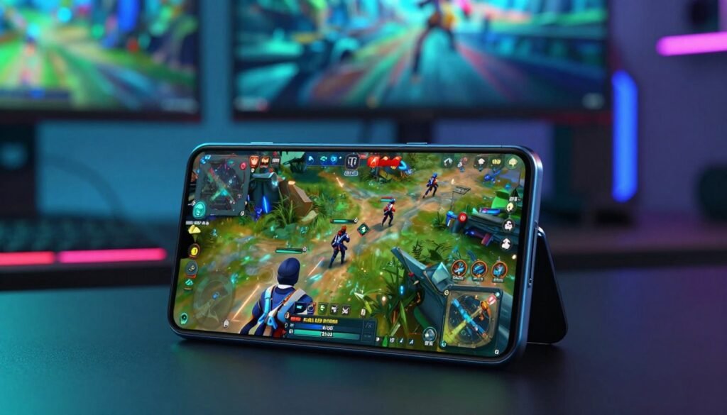 A sleek, high-performance gaming smartphone prominently displayed in the foreground, showcasing its vibrant screen filled with a dynamic gaming interface. The device features an ultra-slim design with futuristic curves and a matte finish, emphasizing its advanced technology. In the middle ground, a stylized gaming setup with colorful LED lights and a high-refresh-rate monitor creates a high-energy atmosphere. The background is softly blurred, hinting at a modern gaming environment with a hint of cool blue and green hues, enhancing the device’s appeal. The lighting is dramatic yet smooth, highlighting the smartphone's features with a slight glow, setting a mood of excitement and innovation. The angle is slightly tilted from above, drawing focus to the phone's screen and overall design. A sleek, high-performance gaming smartphone prominently displayed in the foreground, showcasing its vibrant screen filled with a dynamic gaming interface. The device features an ultra-slim design with futuristic curves and a matte finish, emphasizing its advanced technology. In the middle ground, a stylized gaming setup with colorful LED lights and a high-refresh-rate monitor creates a high-energy atmosphere. The background is softly blurred, hinting at a modern gaming environment with a hint of cool blue and green hues, enhancing the device’s appeal. The lighting is dramatic yet smooth, highlighting the smartphone's features with a slight glow, setting a mood of excitement and innovation. The angle is slightly tilted from above, drawing focus to the phone's screen and overall design.