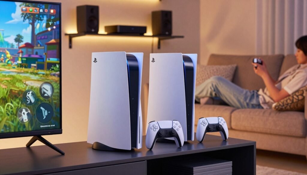 A sleek living room setting featuring a modern gaming console setup, showcasing the PS5 Slim and Xbox Series S side by side on a stylish entertainment unit. In the foreground, there's a large flat-screen TV displaying vibrant graphics from a popular AAA game. The middle layer includes a cozy couch adorned with plush cushions, where a person in casual attire is immersed in gaming, holding a controller. The background features shelves with multimedia devices such as speakers and streaming devices, all illuminated by warm, soft lighting that creates an inviting atmosphere. The scene captures a sense of connectivity and multimedia entertainment, emphasizing a lifestyle beyond gaming. Use a slightly angled perspective to enhance depth and focus on the gaming console's sleek designs.