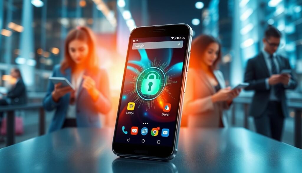 A sleek, modern Android smartphone displayed prominently in the foreground, showcasing a vibrant user interface with advanced security features. The phone radiates a feeling of high performance and security, surrounded by a soft, glowing aura symbolizing protection. In the middle ground, tech-savvy individuals in professional attire engage with cutting-edge software applications, emphasizing ease of use and efficiency. The background features a blurred cityscape, signifying a fast-paced digital world. Bright, focused lighting highlights the smartphone, creating a futuristic atmosphere while emphasizing clarity and sophistication. The overall mood is one of innovation and reliability, showcasing the seamless integration of high security without compromising speed.