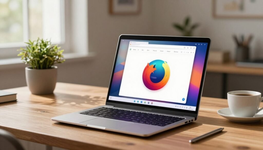 A sleek, modern Chromebook featuring a vibrant display showcasing the Firefox web browser interface, prominently positioned in the foreground. The device rests on a minimalist wooden desk, surrounded by a cozy, stylish workspace adorned with a potted plant and a coffee cup for a touch of warmth. In the background, soft natural light filters through a nearby window, casting gentle shadows and creating a relaxed atmosphere. The lens perspective is slightly angled to emphasize the Chromebook’s design, capturing details such as the Firefox logo on the screen glowing vividly against the backdrop of open tabs. The overall mood is inviting and professional, perfect for showcasing technology in a productive environment. A sleek, modern Chromebook featuring a vibrant display showcasing the Firefox web browser interface, prominently positioned in the foreground. The device rests on a minimalist wooden desk, surrounded by a cozy, stylish workspace adorned with a potted plant and a coffee cup for a touch of warmth. In the background, soft natural light filters through a nearby window, casting gentle shadows and creating a relaxed atmosphere. The lens perspective is slightly angled to emphasize the Chromebook’s design, capturing details such as the Firefox logo on the screen glowing vividly against the backdrop of open tabs. The overall mood is inviting and professional, perfect for showcasing technology in a productive environment.