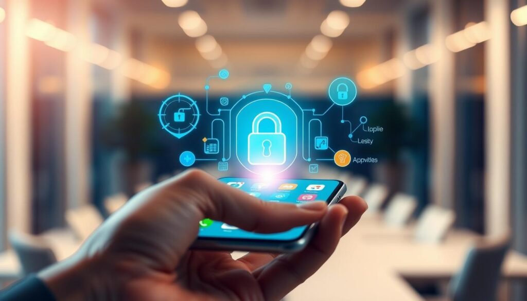 A sleek, modern app store interface glowing on a smartphone screen, showcasing various app icons in vibrant colors. In the foreground, a hand gently holds the device, emphasizing user engagement. The middle layer features abstract security elements like a digital padlock and shield graphics, symbolizing airtight security and quality control. In the background, a softly blurred office environment with a warm, focused light creates an atmosphere of professionalism and trust. The overall color palette comprises blues and greens, evoking a sense of safety and innovation. A subtle lens flare enhances the futuristic vibe, while a shallow depth of field highlights the app store screen as the focal point, illustrating the seamless and secure app experience that Apple offers.