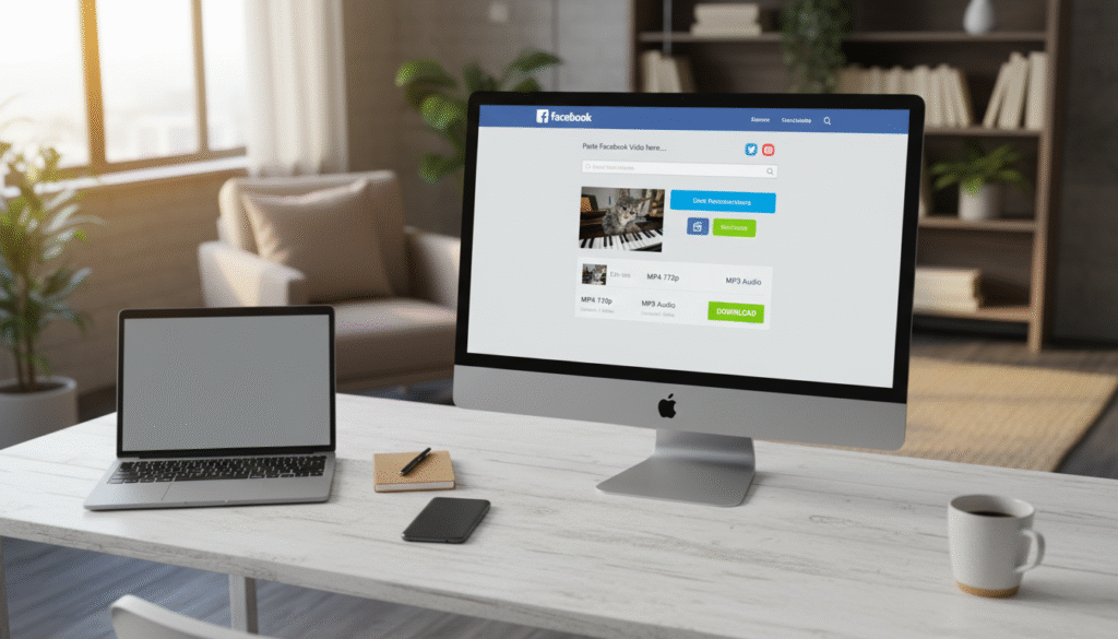 A sleek, modern design of a computer screen displaying a popular video downloader website interface for Facebook. The foreground features the screen with vibrant visual elements, like download buttons and social media icons in an engaging layout. The middle ground includes a stylish desk with a minimalist laptop, highlighting a professional workspace atmosphere, and accessories like a smartphone and notebook. The background showcases a soft-focus revealing a cozy home office setting with warm, natural lighting streaming through a window, creating an inviting and productive mood. The image is captured from a slightly elevated angle to emphasize the technology while ensuring clarity and detail in the interface design.