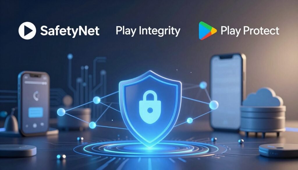 A sleek, modern digital landscape depicting the concepts of SafetyNet, Play Integrity, and Google Play Protect. In the foreground, visualize a stylized shield symbolizing security, glowing with a soft blue light. Surrounding the shield, a network of interconnected lines and nodes represents robust data protection. In the middle ground, intricate circuit patterns emerge, suggesting a high-tech interface. The background features abstract representations of mobile devices and cloud storage, framed by a subtle gradient of dark to light colors to convey advancement and trustworthiness. The overall mood is futuristic and secure, illuminated by ambient lighting that highlights the technology's sophistication. A sharp focus creates a sense of depth, with a slight blur on the background elements to emphasize the foreground security theme. A sleek, modern digital landscape depicting the concepts of SafetyNet, Play Integrity, and Google Play Protect. In the foreground, visualize a stylized shield symbolizing security, glowing with a soft blue light. Surrounding the shield, a network of interconnected lines and nodes represents robust data protection. In the middle ground, intricate circuit patterns emerge, suggesting a high-tech interface. The background features abstract representations of mobile devices and cloud storage, framed by a subtle gradient of dark to light colors to convey advancement and trustworthiness. The overall mood is futuristic and secure, illuminated by ambient lighting that highlights the technology's sophistication. A sharp focus creates a sense of depth, with a slight blur on the background elements to emphasize the foreground security theme.
