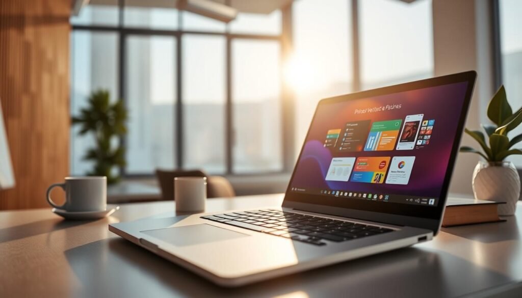 A sleek, modern dual-screen laptop showcasing its premium features, positioned prominently in the foreground. The laptop's screens display vibrant, colorful graphics illustrating efficiency and productivity, hinting at its advanced capabilities. In the middle ground, a blurred high-tech office environment sets a professional tone, with soft morning light streaming through large windows, casting a warm glow on the device. The background features a minimalist desk with a stylish coffee mug and a decorative plant, enhancing the tech-savvy ambience. The overall mood is aspirational and innovative, emphasizing the concept of value for money in premium technology. The composition is angled slightly above eye level to capture the laptop’s details and its surroundings effectively.