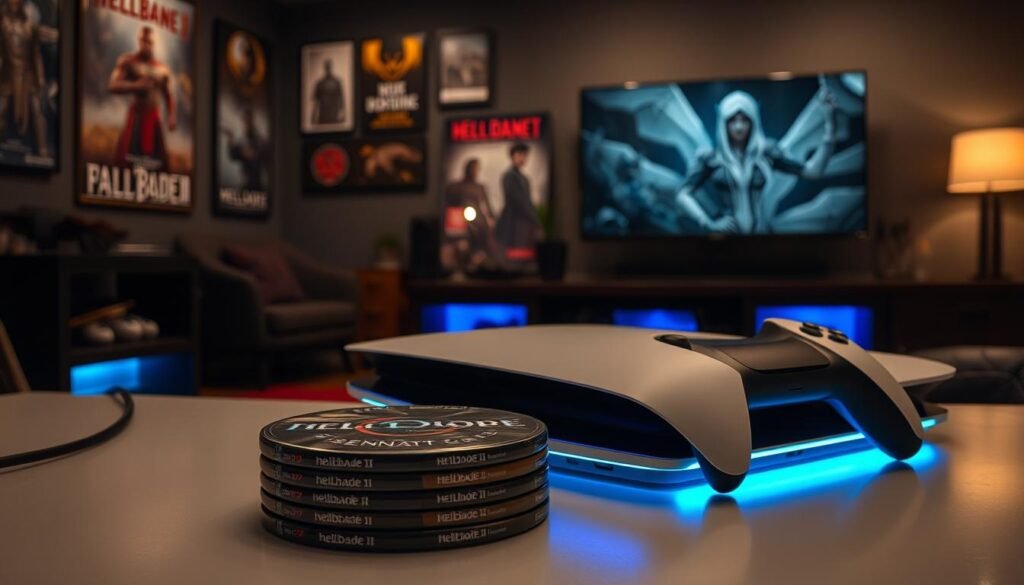 A sleek, modern gaming console sits prominently in the foreground, showcasing its intricate design with smooth curves and a futuristic aesthetic. The console is placed on a stylish gaming desk, illuminated by soft blue LED lights that create a dynamic ambient glow. In the middle ground, there are several game discs stacked neatly, with one prominently featuring the title "Hellblade II: Senua's Saga" visible. The background features a cozy, dimly lit game room, adorned with posters of iconic video games and a large TV screen showing a beautifully rendered scene from the game. The setting embodies a nostalgic yet high-tech mood, highlighting the theme of backward compatibility across generations. The image is captured from a slightly elevated angle, emphasizing the console's design against the engaging backdrop. A sleek, modern gaming console sits prominently in the foreground, showcasing its intricate design with smooth curves and a futuristic aesthetic. The console is placed on a stylish gaming desk, illuminated by soft blue LED lights that create a dynamic ambient glow. In the middle ground, there are several game discs stacked neatly, with one prominently featuring the title "Hellblade II: Senua's Saga" visible. The background features a cozy, dimly lit game room, adorned with posters of iconic video games and a large TV screen showing a beautifully rendered scene from the game. The setting embodies a nostalgic yet high-tech mood, highlighting the theme of backward compatibility across generations. The image is captured from a slightly elevated angle, emphasizing the console's design against the engaging backdrop.