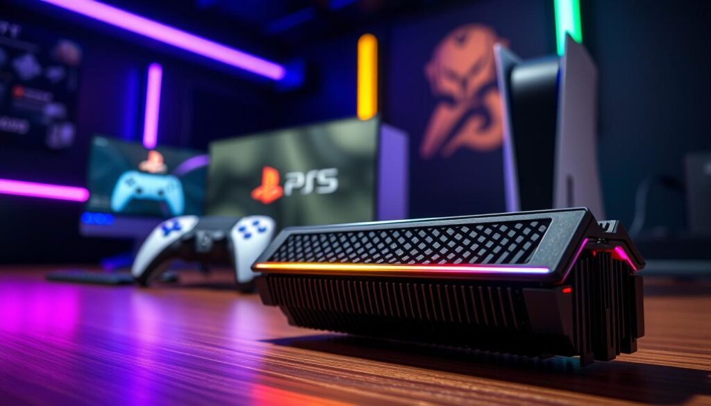 A sleek, modern heatsink for an NVMe SSD designed for gaming, positioned prominently in the foreground, showcasing intricate cooling fins and a polished black finish. The heatsink is adorned with subtle RGB lighting, illuminating the product and emphasizing its high-performance capabilities. In the middle ground, a premium gaming setup can be seen, featuring a PS5 console with the SSD installed, highlighting the compatibility aspect. The background features a dimly lit gaming room with LED accents, creating an immersive atmosphere. The lighting is dynamic and focused, casting soft shadows that enhance the textures of the heatsink. The image conveys excitement and innovation, perfect for gaming enthusiasts. A sleek, modern heatsink for an NVMe SSD designed for gaming, positioned prominently in the foreground, showcasing intricate cooling fins and a polished black finish. The heatsink is adorned with subtle RGB lighting, illuminating the product and emphasizing its high-performance capabilities. In the middle ground, a premium gaming setup can be seen, featuring a PS5 console with the SSD installed, highlighting the compatibility aspect. The background features a dimly lit gaming room with LED accents, creating an immersive atmosphere. The lighting is dynamic and focused, casting soft shadows that enhance the textures of the heatsink. The image conveys excitement and innovation, perfect for gaming enthusiasts.