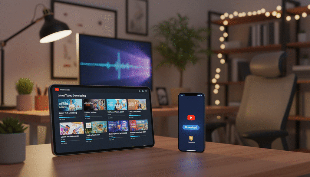 A sleek modern interface of a YouTube video downloading application is prominently displayed in the foreground, featuring vibrant thumbnails of popular videos. The middle ground showcases a smartphone screen with the YouTube app open, indicating the &amp;amp;amp;quot;Download&amp;amp;amp;quot; option highlighted in a bright color, symbolizing accessibility through YouTube Premium. The background includes a blurred view of a cozy home office setup, with warm, inviting lighting that creates a relaxed atmosphere perfect for safe video downloading. A subtle glow from the smartphone lends a tech-savvy feel, while gentle shadows add depth to the scene. The overall mood is professional and inviting, ideal for an article on secure video downloading practices.