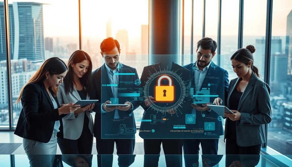 A sleek, modern office environment showcasing advanced digital technology to limit user tracking. In the foreground, a diverse group of professionals, dressed in business attire, collaboratively analyzing data on futuristic devices like tablets and holographic displays, their expressions focused and engaged. The middle ground features a large, interactive digital screen displaying abstract visuals representing data encryption and privacy. In the background, glass walls reveal a cityscape bathed in warm, natural light, creating a sense of transparency and openness. The atmosphere is one of innovation and security, with a color palette of blues and greens that evoke trust and technology. The composition is dynamic, highlighting both human interaction and cutting-edge technology in a harmonious workspace.