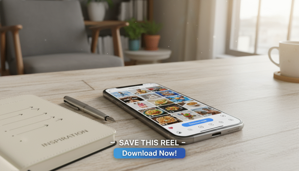 A sleek, modern smartphone displaying an Instagram Reels interface on its screen, with vibrant thumbnails of short videos showcasing various popular trends and activities. The phone is placed on a wooden table accompanied by a notepad and a stylish pen, indicating the user is preparing to download content. In the background, a soft-focus of a cozy workspace with natural light streaming through a nearby window creates an inviting atmosphere. The lighting is bright and warm, with a slight reflection on the phone screen to emphasize its clarity. The overall mood is productive and engaging, evoking a sense of excitement about discovering new content through popular downloader platforms in Indonesia.